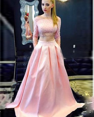 Two Piece Bateau Pink Beading Satin Long Sleeved Formal Dress with Pockets PD1035