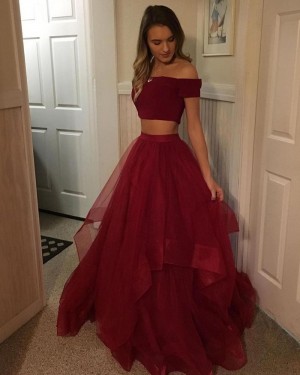 Burgundy Two Piece Ruffled Tulle Ball Gown Prom Dress PD1038