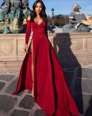 Satin Burgundy Long Sleeved Evening Dress with High Slit PD1039