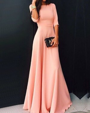 Jewel Pink Chiffon Long Formal Dress with Half Sleeves PD1047