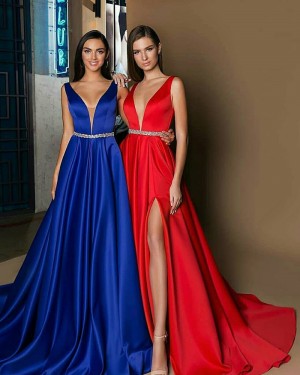 Deep V-neck Satin Long Evening Dress with Side Slit BD2002