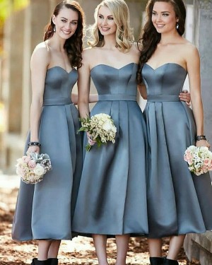 Sweetheart Tea Length Satin Blue Pleated Bridesmaid Dress BD2006