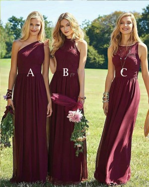 Flowing Pleated Burgundy Chiffon Bridesmaid Dress BD2007