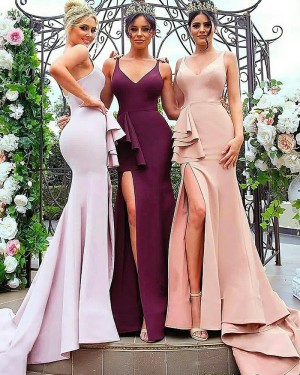 V-neck Satin Mermaid Long Evening Dress with Side Slit BD2008