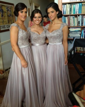 Queen Anne Appliqued Grey Satin Bridesmaid Dress BD2012