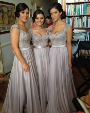 Queen Anne Appliqued Grey Chiffon Bridesmaid Dress BD2012