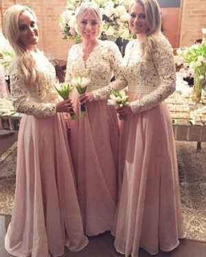 White and Pink V-neck Lace Bodice Bridesmaid Dress with Long Sleeves BD2015