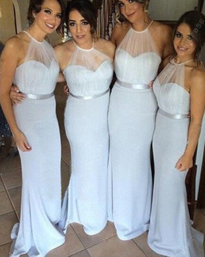 Sheer Bodice Light Blue Halter Mermaid Bridesmaid Dress BD2016