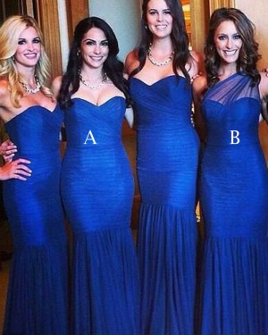 Simple Royal Blue Pleated Mermaid Long Bridesmaid Dress BD2019