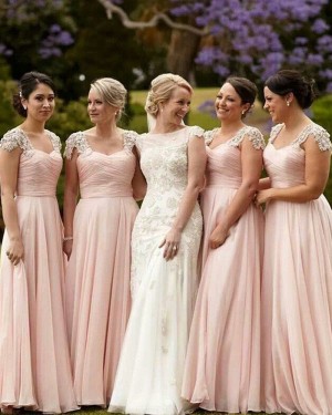 Pink Tulle Ruched Bridesmaid Dress with Appliqued Cap Sleeves BD2021