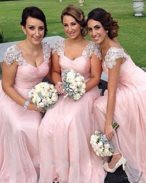 Pink Tulle Ruched Bridesmaid Dress with Appliqued Cap Sleeves BD2021