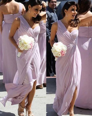 One Shoulder Lavender Ruched Chiffon Bridesmaid Dress with Slit BD2036