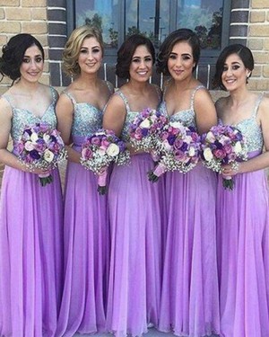 Purple Square Sequined Bodice Chiffon Bridesmaid Dress BD2039