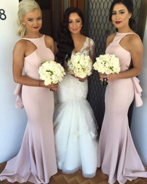 Satin Dusty Pink Jewel Cutout Mermaid Bridesmaid Dress BD2043