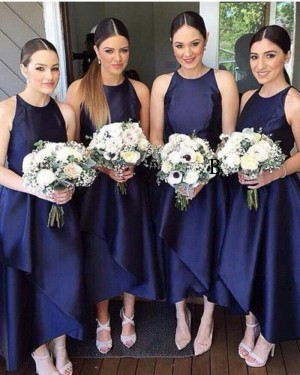 Tea Length Round Neck Navy Blue Satin Bridesmaid Dress BD2044