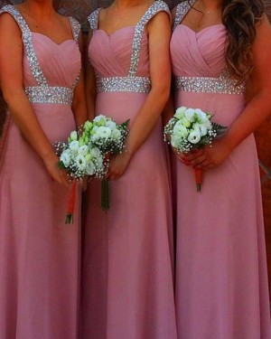 Square Beading Blush Pink Satin Bridesmaid Dress BD2046