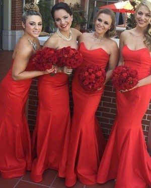 Sweetheart Red Mermaid Satin Simple Bridesmaid Dress BD2047