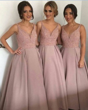 V-neck Blush Beading Satin Ball Gown Bridesmaid Dress BD2049