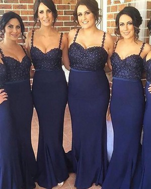 Spaghetti Straps Navy Blue Beading Satin Mermaid Bridesmaid Dress BD2050