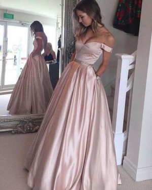 Off the Shoulder Satin Pink Long Formal Gown with Pockets BD2051