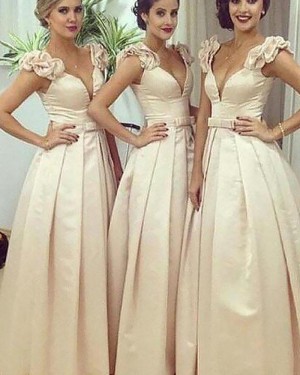 Deep V-neck Satin Ivory Pleated  Bridesmaid Dress BD2052