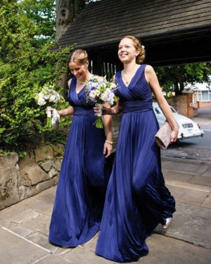 V-neck Blue Ruched Long Simple Bridesmaid Dress BD2053