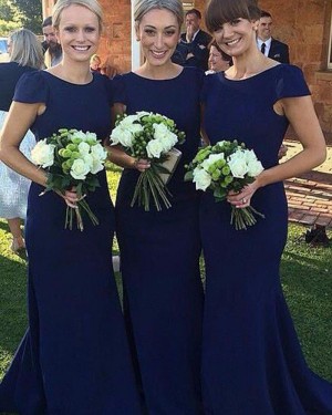 Jewel Blue Mermaid Simple Bridesmaid Dress with Cap Sleeves BD2054