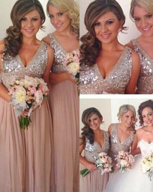 Chiffon Tulle V-neck Beading Bodice Blush Bridesmaid Dress BD2056