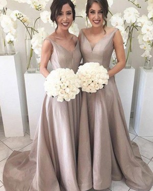 V-neck Pleated Nude Floor Length Simple Bridesmaid Dress BD2066