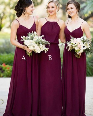 Spaghetti Straps Burgundy Chiffon Ruched Bridesmaid Dress BD2068