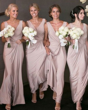 V-neck Ruched Chiffon Dusty Pink Bridesmaid Dress BD2071