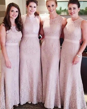 Jewel Lace Nude Lace Sheath Bridesmaid Dress with Belt BD2072