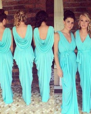 V-neck Ruched Chiffon Cyan Bridesmaid Dress BD2074