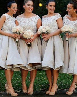 Off the Shoulder Grey Satin Knee Length Bridesmaid Dress BD2080