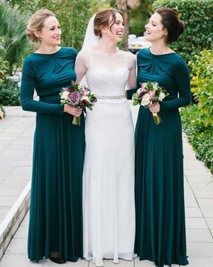 Jewel Dark Green Pleated Bridesmaid Dress with Long Sleeves BD2081