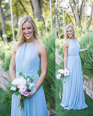 Long Halter Ruched Chiffon Blue Bridesmaid Dress BD2082