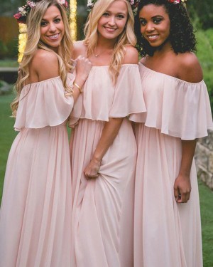 Off the Shoulder Pink Chiffon Long Bohemian Bridesmaid Dress BD2083