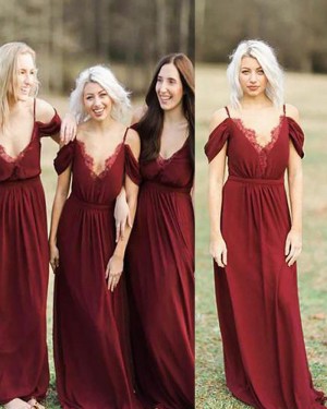 Long Cold Shoulder Red Pleated Bridesmaid Dress BD2086