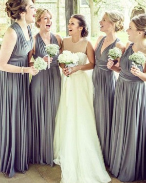 Grey Convertible Pleated Long Bridesmaid Dress BD2088