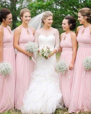 High Neck Cutout Ruched Chiffon Empire Pink Bridesmaid Dress BD2090