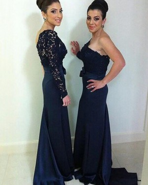 One Shoulder Navy Blue Mermaid Bridesmaid Dress with Long Sleeve BD2093