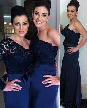 One Shoulder Navy Blue Mermaid Bridesmaid Dress with Long Sleeve BD2093