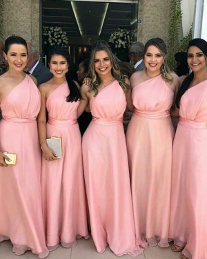 Floor Length One Shoulder Pink Bridesmaid Dress with Belt BD2097