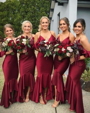 Long Halter Burgundy Mermaid Bridesmaid Dress BD2100