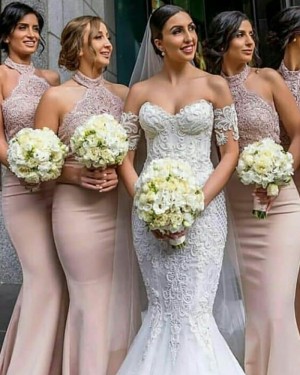 Long Halter Lace Appliqued Mermaid Nude Bridesmaid Dress BD2104