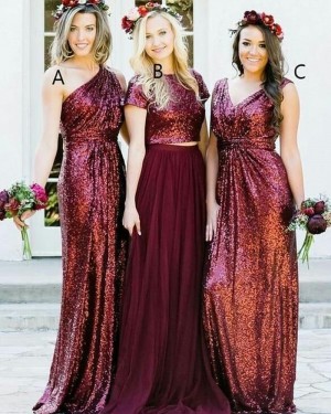 Long One Shoulder Rose Gold Sequined Sheath Bridesmaid Dress BD2106