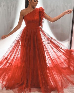 Ruched Red One Shoulder Tulle A-line Formal Dress BD2160