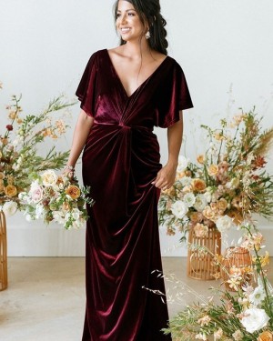 V-neck Ruched Velvet Burgundy Formal Dress with Short Sleeves BD2161