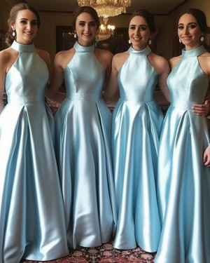 Satin Light Blue High Neck Satin Formal Dress BD2164