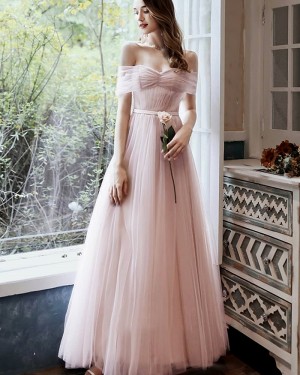 Pearl Pink Pleated Off the Shoulder Tulle Formal Dress BD2169